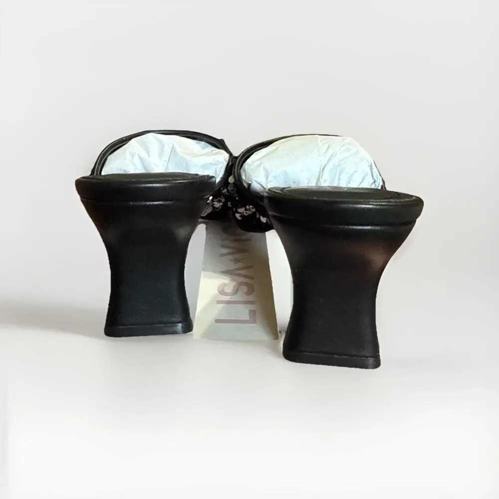 Lisa Vicky Pretty-V Black Slide Sandal Platinum Black Sequins Size 7 Heels - Picture 3 of 9